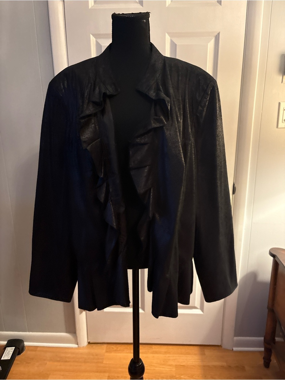 INC International Concepts Black Ruffle-Front Leather Jacket